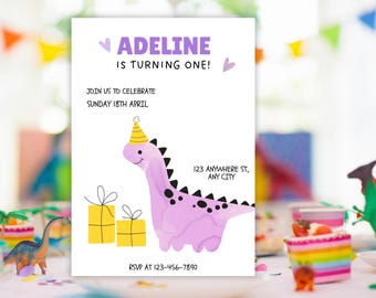 Invitación de cumpleaños de dinosaurio para la primera fiesta de cumpleaños. Plantilla editable para niñas y niños. Invitación digital de dinosaurio para el primer cumpleaños de un niño.