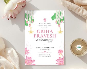 Griha Pravesh Invitation Indian Housewarming Card For Friends and Family Hindu Pooja Ceremony Template Lotus Ganesh Editable Digital Invite