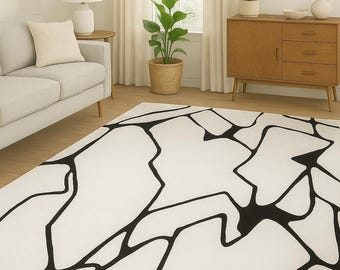 Hand Tufted Wool Area Rug, Modern Black White Abstract Carpet for Living Room Bedroom, Handmade Minimalist Home Decor