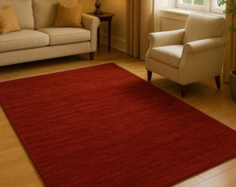 Hand Tufted Burgundy Wool Area Rug, Solid Red Modern Living Room Mat, Plush Minimalist Carpet, Handmade Home Decor