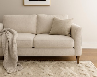 Neutral beige tuftad matta med geometriskt tribalmönster, plyschig texturerad yta för vardagsrum, sovrum, boho heminredning