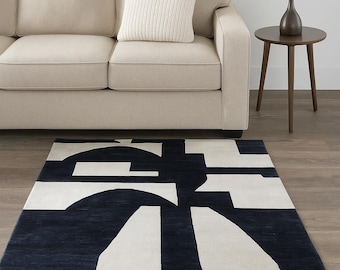 Hand Tufted Wool Rug, Modern Black Ivory Abstract Geometric Area Rug, Contemporary Living Room Bedroom Handmade Carpet