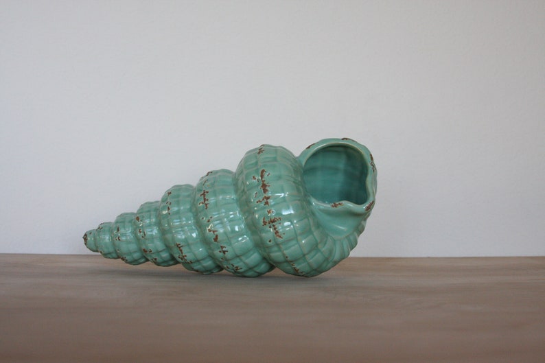 Vintage Ceramic Pottery Turquoise Conch Shell Planter.