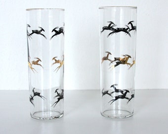 Vintage Deer, Antelope Black and Gold Print Drinking Glasses.