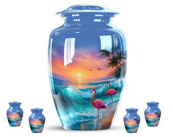 May include: A large, blue cremation urn with a glossy finish, featuring a vibrant beach scene with a sunset, ocean waves, palm trees, and two pink flamingos. Smaller matching keepsake urns are also visible.