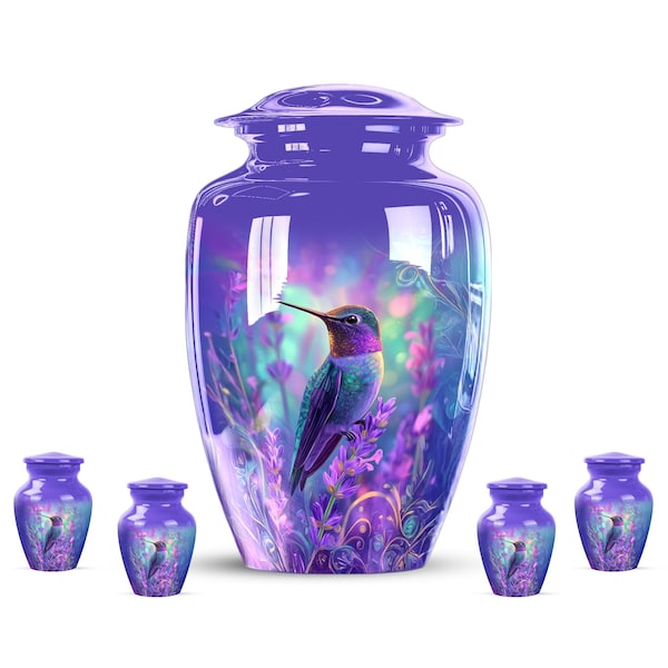 Hummingbird Cremation Urn – Purple Floral Memorial Keepsake, Custom Engraving