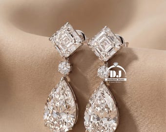 3,00 TCW Asscher, ronde en peergeslepen diamanten trouwoorbellen, drie stenen damesoorbellen, drop oorbellen