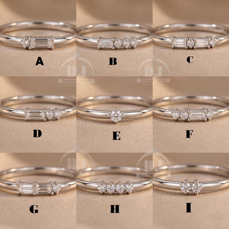 May include: Nine silver rings with different gemstone arrangements. Designs include a single solitaire, multiple stones, and a baguette-cut centre stone. The rings are displayed on a neutral background. Each ring is a delicate piece of jewellery.