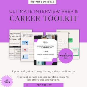 Puede incluir: Un kit de herramientas de carrera digital con el texto "ULTIMATE INTERVIEW PREP & CAREER TOOLKIT" y "2026". La imagen incluye varios cuadernos de trabajo, con el texto "5 WORKBOOKS IN 1" y "50 PAGES". El kit está diseñado para ayudar con la preparación de entrevistas y la negociación salarial.