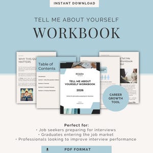 Puede incluir: Un cuaderno de trabajo titulado "TELL ME ABOUT YOURSELF WORKBOOK 2026" con una cubierta azul y blanca, rodeado de otras páginas. El texto "CAREER GROWTH TOOL" está en un círculo azul. La imagen también incluye el texto "INSTANT DOWNLOAD" y "PDF FORMAT".