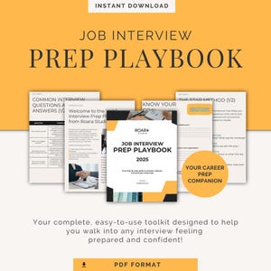 Könnte beinhalten: Ein digitales Job Interview Prep Playbook mit dem Text "JOB INTERVIEW PREP PLAYBOOK 2025" auf dem Cover. Das Bild enthält mehrere Seiten mit Interviewfragen und der STAD-Methode. Der Hintergrund ist gelb.