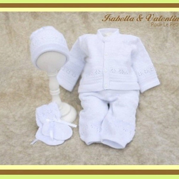 Newborn Baby Handcrafted White Knit Sweater 4 Piece Set... Isabella and Valentino (i&v baby) Newborn Special Occasion Baby Clothes