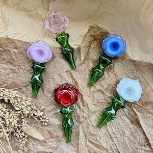 Hand Blown Rose Flower Glass Pipe – Hand Blown Spoon Pipe | Unique Floral Bowl | Romantic Gift for Her