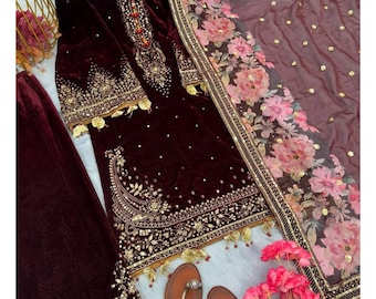 Embroidered Velvet Sharara Set: Pakistani Wedding Party Palazzo Suit