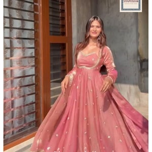 Elegant Fendy Silk Anarkali Suit with Thread & Sequin Work, Pant and Matching Dupatta.