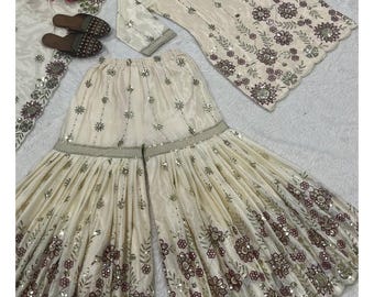 Cream Sharara Suit: Silk Embroidery, Party Wear Palazzo Set