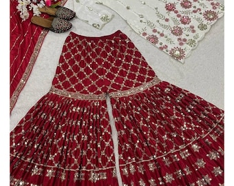 Designer Sharara Set: Embroidered Silk Palazzo Suit, Indian Wedding Outfit