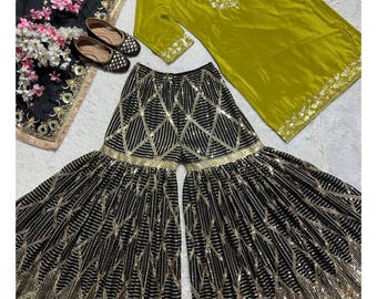 Embroidered Sharara Suit, Sequence Work, Indian Wedding Dress