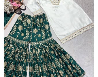Embroidered Chinnon Silk Sharara Palazzo Suit: Pakistani Wedding Wear