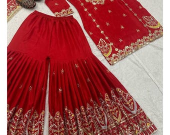 Embroidered Chinnon Silk Sharara Palazzo Set: Pakistani Wedding Wear