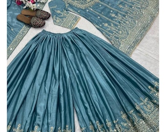 Blue Sharara Suit, Sequence Embroidery, Party Wear Palazzo Set