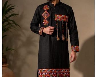 Men's Cotton Kurta Dhoti Set: Navratri Gamthi Embroidery, Indian Outfit