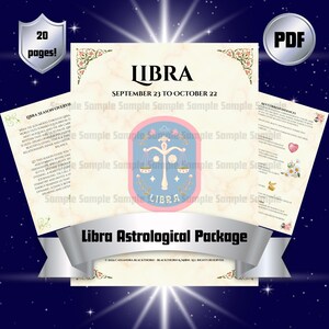 May include: A Libra astrological package with 20 pages. The design features a light blue and pink Libra symbol, floral accents, and the text "Libra" and "September 23 to October 22". The package includes information about Libra season.