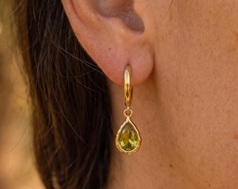 Peridot Drop Hoop Earrings, August Birthstone Earrings, 18K Gold Peridot Hoops, Gift for Her, Handmade Organic Bezel Earrings, Minimalist