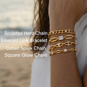 May include: Four gold bracelets are shown on a wrist. The bracelets include a Sculpted Hero Chain, Emerald Link Bracelet, Cuban Spark Chain, and Square Glow Chain. The bracelets are made of gold-coloured metal and feature various link designs and embellishments.