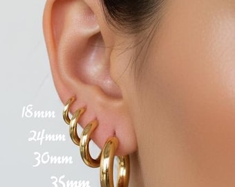 18k Gold Hoop Earrings • Small Huggie Hoops to Chunky Gold Hoops • Anti-Tarnish Stainless Steel • Dainty Everyday Hoops • Stacking Earrings