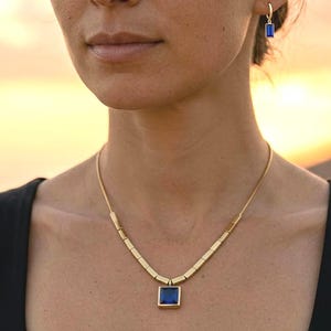 Gold Blue Sapphire Jewellery Set, Necklace and Earrings Set or Individual Pieces, Minimalist Gold Pendant Necklace, Dainty Drop Earrings