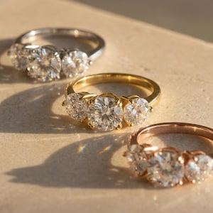 Three Stone Moissanite Ring – 2 Carat | 18k Gold Vermeil | 2 ct Round Cut Trilogy Ring | Waterproof | Travel ring | Past Present Future Ring