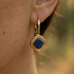 Lapis Lazuli Gold Drop Earrings, Blue Gemstone Hoop Earrings, Diamond Shape Dangle Earrings, Minimalist Everyday Jewellery, Waterproof