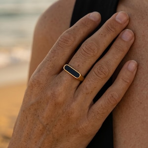 Black Onyx Signet Ring, East West Gold Ring, Waterproof Stainless Steel Ring, Minimalist Rectangle Ring, Hypoallergenic, Sizes 5–10