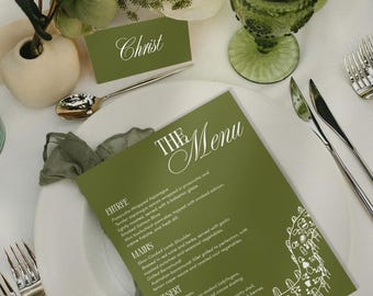 Modelo de menu de casamento elegante em tons de verde: Design A5 no Canva (Download digital)