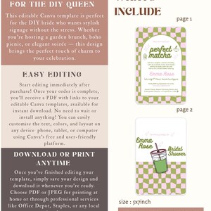 May include: Canva digital template for the DIY bride. The design includes two invitation examples: a "perfect matcha" themed invitation and a "Bridal Shower" invitation. The templates are 12.7 x 17.8 cm and can be customized and printed.