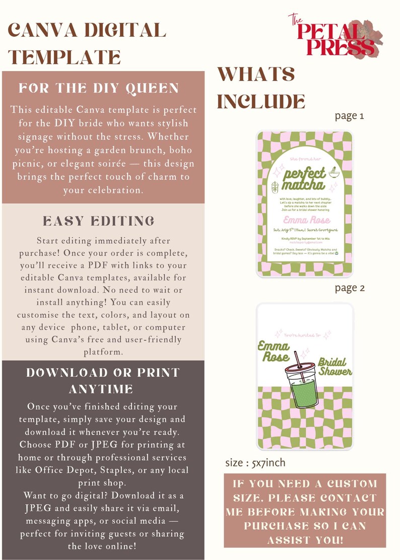 May include: Canva digital template for the DIY bride. The design includes two invitation examples: a "perfect matcha" themed invitation and a "Bridal Shower" invitation. The templates are 12.7 x 17.8 cm and can be customized and printed.