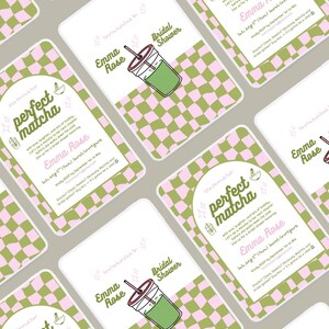May include: A series of bridal shower invitations with a green and pink checkered pattern. Each card displays the words "perfect matcha" and a matcha drink graphic. The invitations are for Emma Rose's bridal shower.