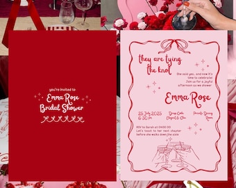 Wavy Bridal Shower Invitation: Retro Pink & Red Canva Template (5x7 Digital Download