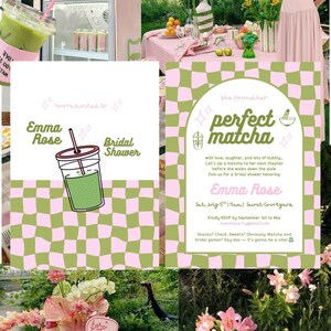 Puede incluir: Escena al aire libre decorada para una despedida de soltera, con un tema rosa y verde. La imagen incluye un bar de matcha, invitaciones con el texto "Emma Rose Bridal Shower", arreglos florales y una mesa.
