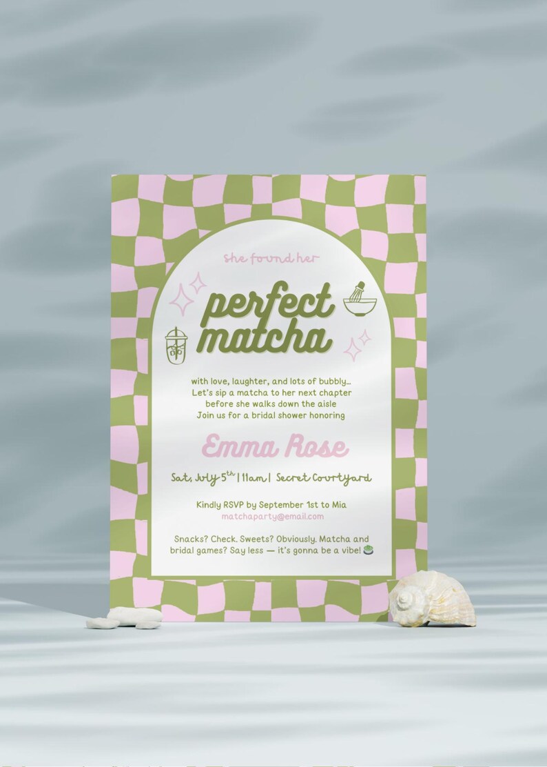 May include: A bridal shower invitation with a pink and green checkered pattern. The invitation includes the words "perfect matcha" and event details, such as the name "Emma Rose" and the date.