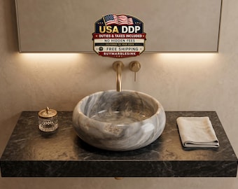 Gray Blue Gold Marble Round Vessel Sink, Natural Stone Basin, Luxury Vanity 2