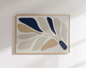 Abstract Leaf Art Print, Navy Blue & Beige Botanical Poster