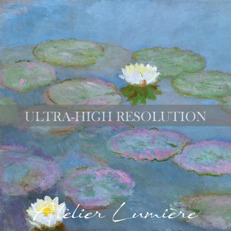May include: An impressionistic painting of water lilies in a pond. The artwork features lily pads in shades of green and pink, with white and yellow flowers. The text "ULTRA-HIGH RESOLUTION" is across the center.
