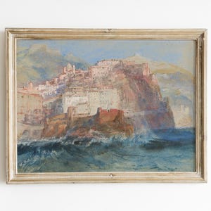 Pintura vintage de paisaje marino al atardecer, paisaje marino, olas, orilla del mar, arte mural marino