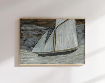 Vintage Sailboat Painting Print, Nautical Wall Art, Stormy Sea Modernist Artwork, Maritime Ocean Decor