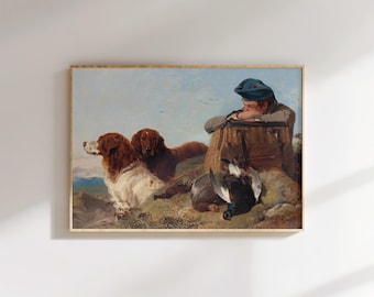 Lámina artística vintage de perro de caza: Escena rústica de caza de animales salvajes.