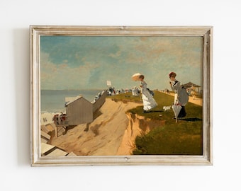 Lámina con escena playera vintage, arte mural costero junto al mar.