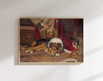 Vintage Dog and Cat Painting: Rustic Animal Art Print