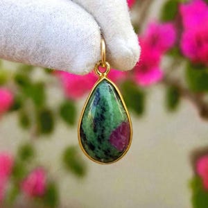 Natural Teardrop Ruby Zoisite Pendant in 18K Gold, Dainty Pear Shaped Ruby in Zoisite Charm, Handmade Gemstone Jewelry for Women